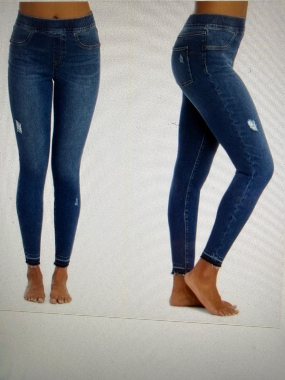 SPANX Dark Blue Denim Distressed Stretch Leggings High Rise Ankle Frayed Hem XL